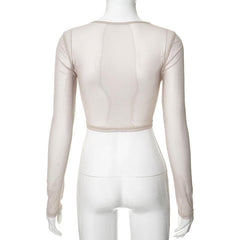 Long sleeve "LOVE" pattern crewneck sheer mesh crop top