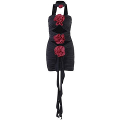 Flower applique hollow out ruched contrast tube mini dress