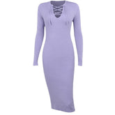 Lace up solid ribbed long sleeve notch neck mini dress