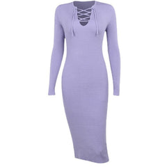 Lace up solid ribbed long sleeve notch neck mini dress