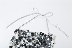 Feather glitter halter v neck backless mini dress