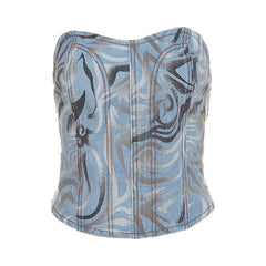 Stitch contrast smocked sweetheart neck backless denim top