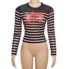 Striped long sleeve contrast sheer mesh see through top