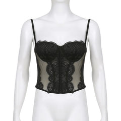 Mesh button lace hem backless bustier cami top