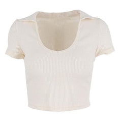Turnover collar ribbed solid short sleeve crop top