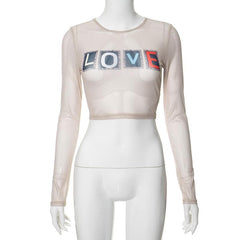 Long sleeve "LOVE" pattern crewneck sheer mesh crop top