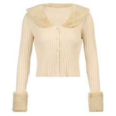 Button fluffy turnover collar knitted long sleeve cardigan top