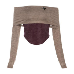 Star applique off shoulder long sleeve patchwork contrast top