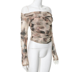 Tie dye contrast mesh ruched off shoulder long sleeve top