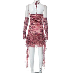Flower print contrast gloves buckle ruched halter backless ruffle mini dress