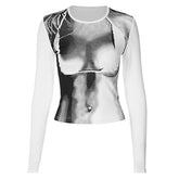 Long sleeve contrast crewneck abstract print top