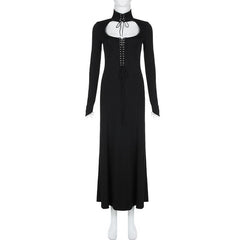Lace up hollow out solid long sleeve maxi dress