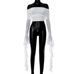 Long flared sleeve off shoulder ruffle sheer mesh backless top