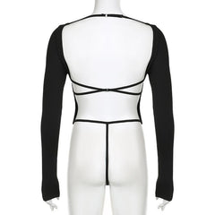 Square neck solid long sleeve backless cross back bodysuit