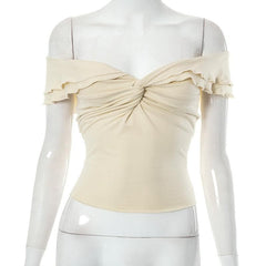 Off shoulder ruffle knotted backless solid top