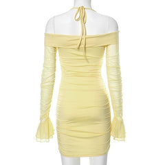 Off shoulder halter mesh ruched long flared sleeve mini dress