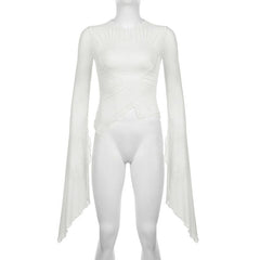 Flared sleeve heart patchwork ruched mesh solid top