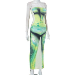 Letter print contrast slit backless sleeveless tube maxi dress