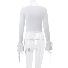 Long flared sleeve self tie stitch ribbed solid crop top