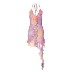 Halter v neck ruffle backless ribbon contrast self tie mini dress