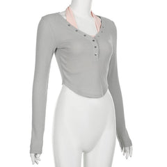 Button patchwork solid long sleeve ribbed contrast crop top