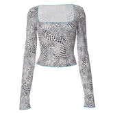 Polka dot contrast long sleeve square neck top