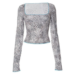 Polka dot contrast long sleeve square neck top