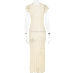 Textured slit self tie solid see through ruffle short sleeve midi dress