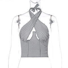 Sleeveless backless halter hollow out plaid top