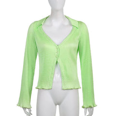 Turnover collar ribbed solid long sleeve ruffled button top - Final Sale