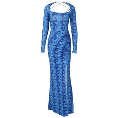 Lace up backless long sleeve slit ruched contrast print maxi dress