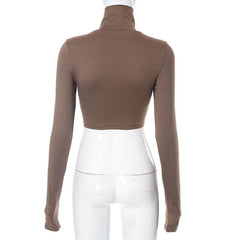 Long sleeve turtle neck letter print contrast crop top