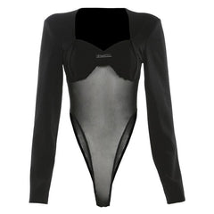 Long sleeve metal tag mesh patchwork bodysuit