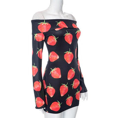 Off shoulder long sleeve strawberry print contrast mini dress
