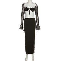 Mesh solid flared sleeve lace up hollow out midi skirt set