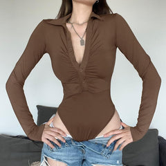 Turnover collar long sleeve button ruched solid v neck bodysuit - Final Sale
