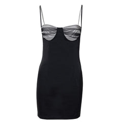 Hollow out mesh ruched zip up back dress
