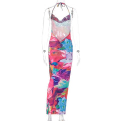 Cowl neck halter backless ruched flower print maxi dress