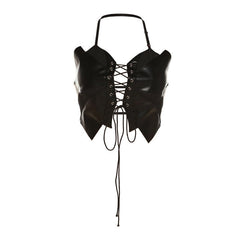 Solid PU leather hollow out halter lace up backless crop top