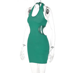 Sleeveless solid v neck halter self tie backless hollow out mini dress