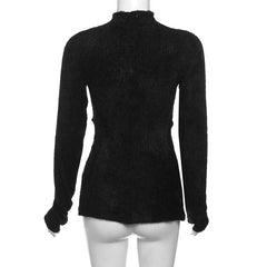 Long sleeve high neck fluffy hollow out gloves slit crop top
