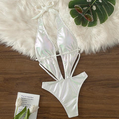 Metallic solid hollow out halter self tie padded one piece swimwear