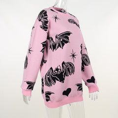 Long sleeve crewneck bat print contrast knitted sweater top