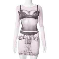 Long sleeve crewneck bikini body print mini skirt set