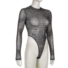 Long sleeve letter print sheer mesh see through crewneck bodysuit