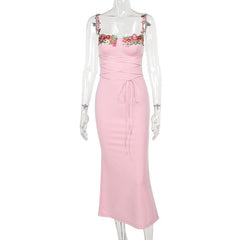 Flower embroidery contrast lace up sleeveless midi dress