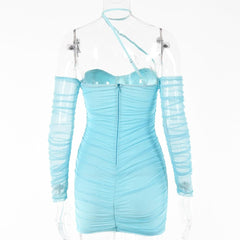 Solid ruched halter mesh long sleeve off shoulder mini dress