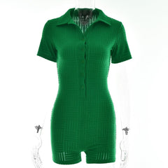 Textured button turnover collar short sleeve romper