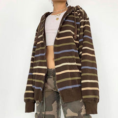 Long sleeve contrast striped zip-up hoodie coat top
