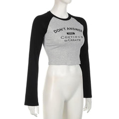 Contrast patchwork long sleeve letter print crewneck top - Final Sale